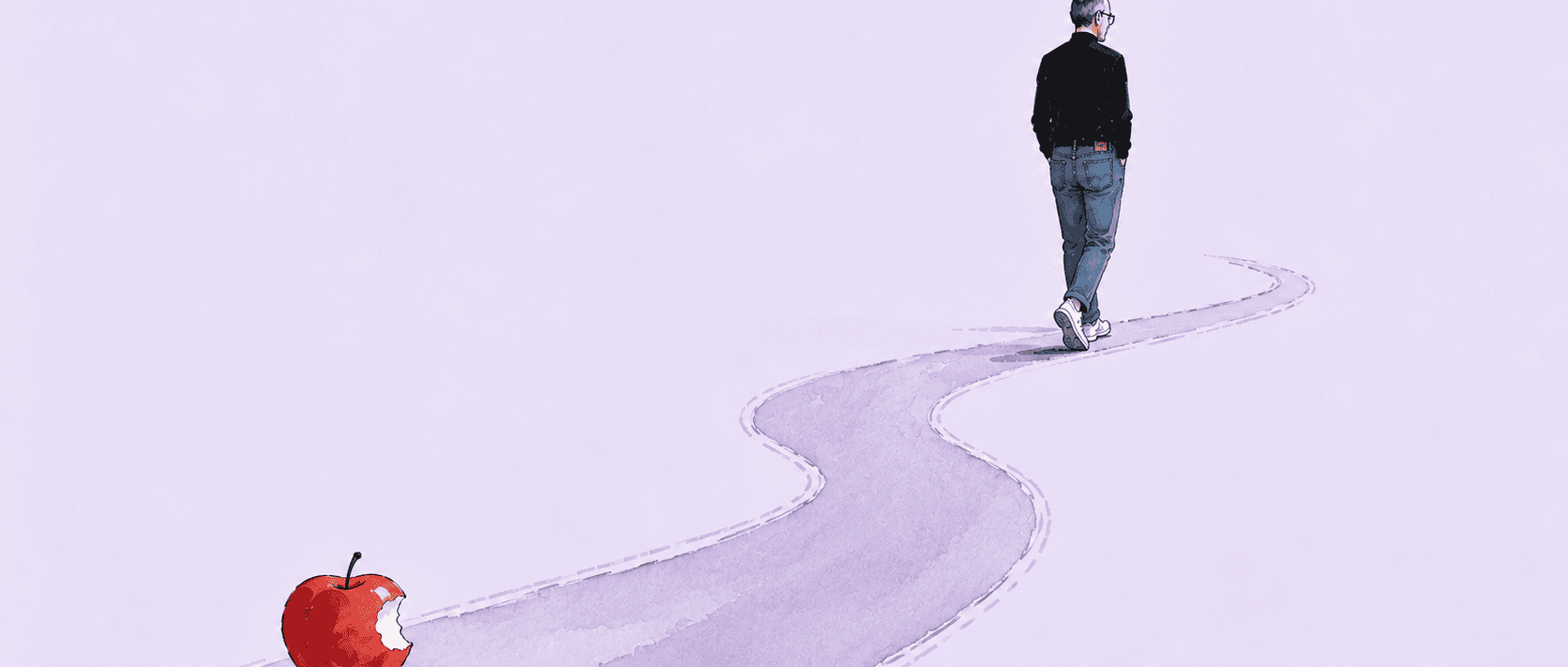 Jobs walking off down a path alone, a half-eaten red apple left behind him — the day Apple starts smiling sheepishly might be the day it quietly stops being Apple