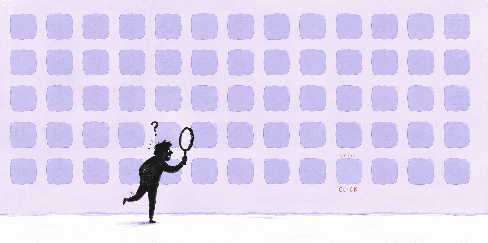 A wall of identical flat colored tiles, a magnifying glass held up, and still no way to tell which one is a button — ten years of controls and content blurred together