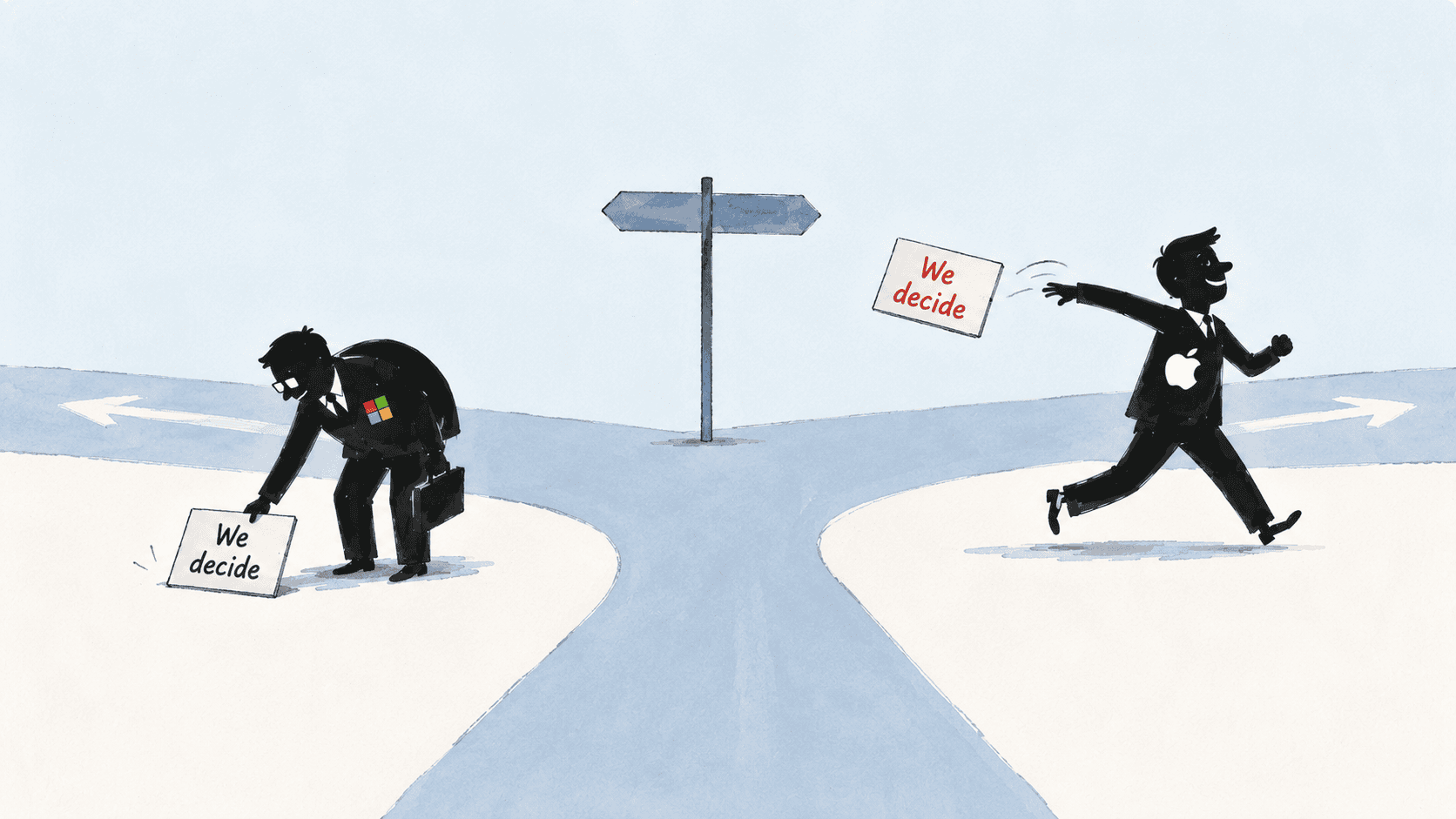 At a crossroads, Microsoft makes a U-turn and picks up the "we decide" sign, while Apple floors it straight into the lane Microsoft just backed out of — two cars trading places, Apple driving the wrong way