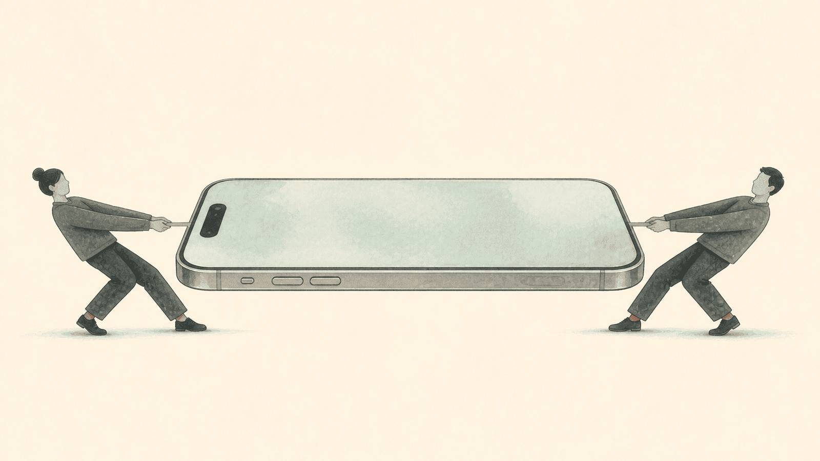 Two people pull the same iPhone in opposite directions.