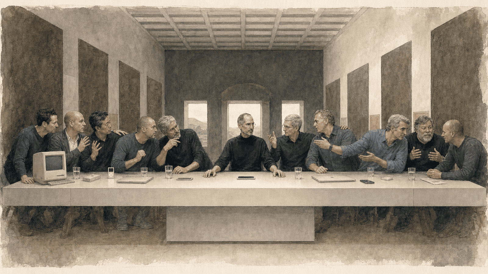 A Last Supper composition places Steve Jobs at the center, where every argument ends.
