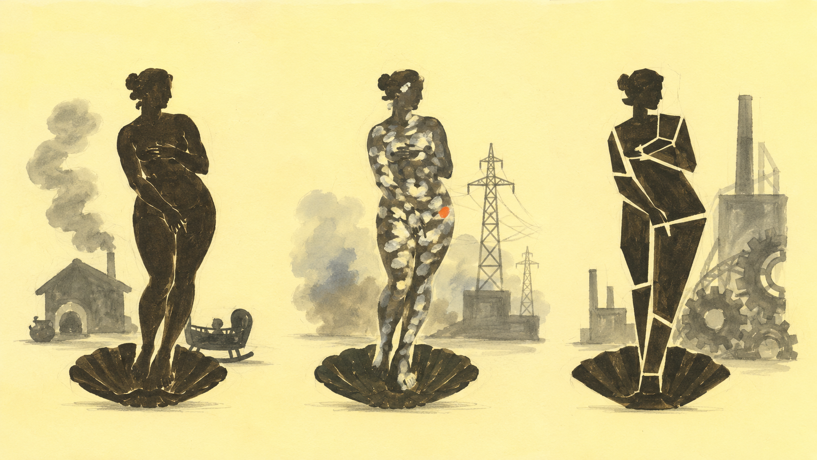 One goddess remade by three eras' machines — taste isn't changing, the machine behind it is