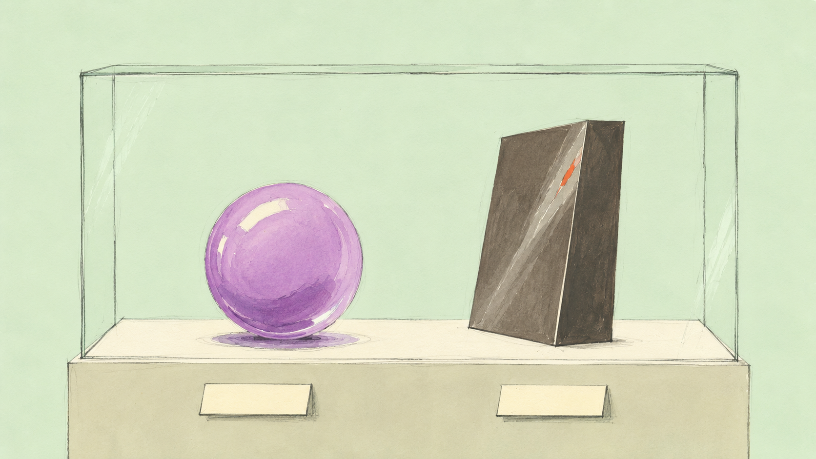 A glowing purple glass orb beside a slab of cold hard steel, same display case, neither steals the light