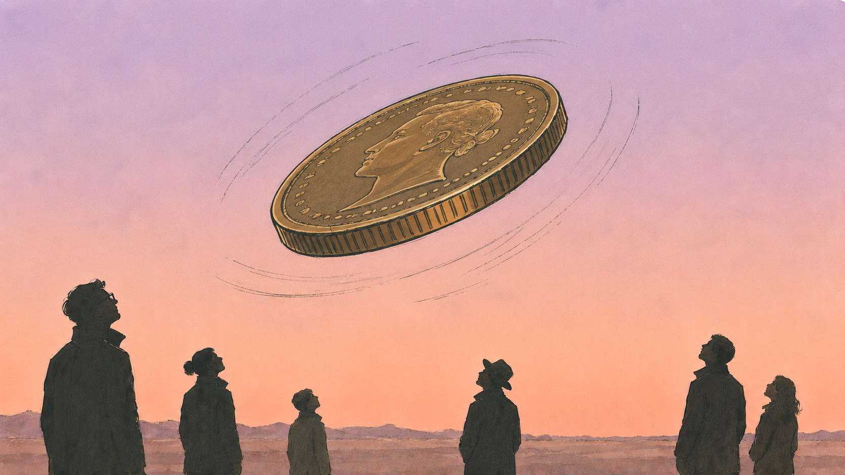 A coin flipping mid-air, not yet landed; on the horizon a rocket descending on its own flame, not yet down — both sides of the same bet, still hanging