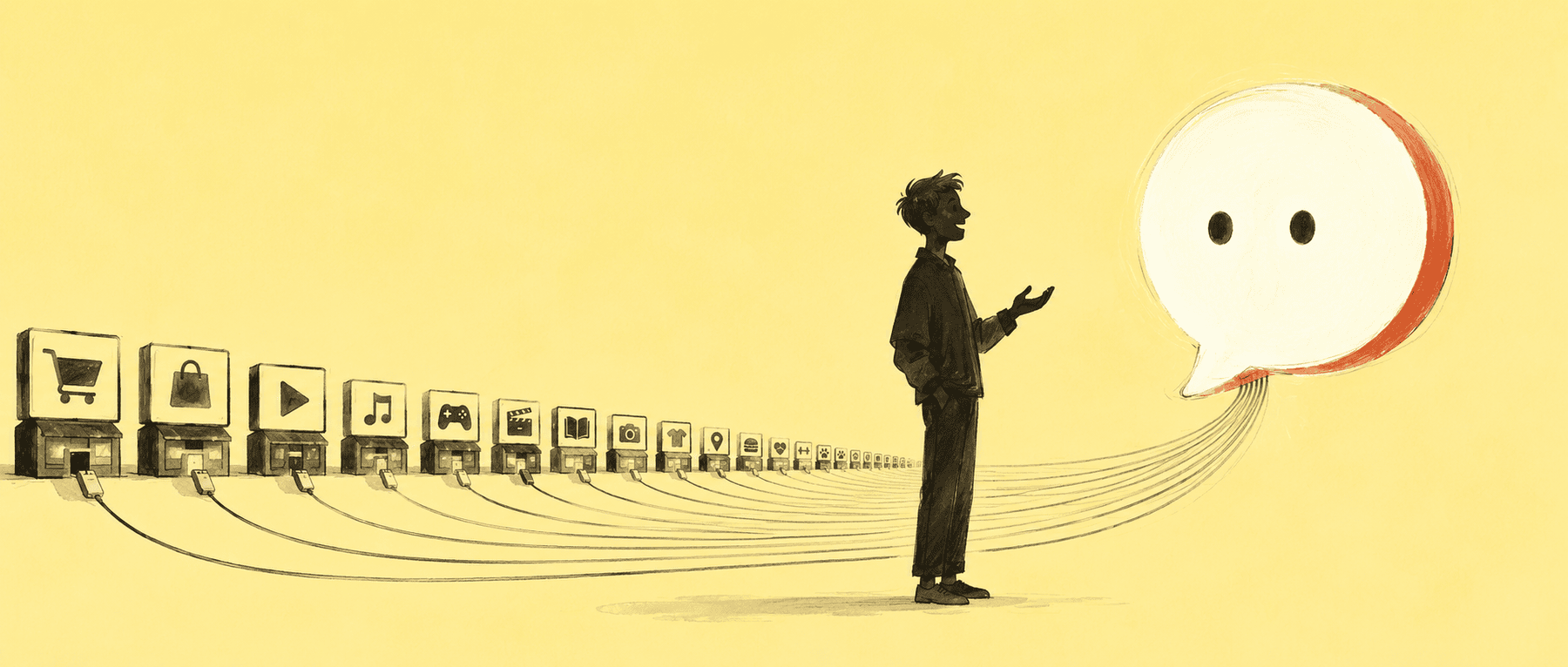 A man talks to a glowing AI chat bubble while the hundreds of app icons behind him shrink into a row of small data-source plugs — AI becomes the only front desk, the companies recede to the back