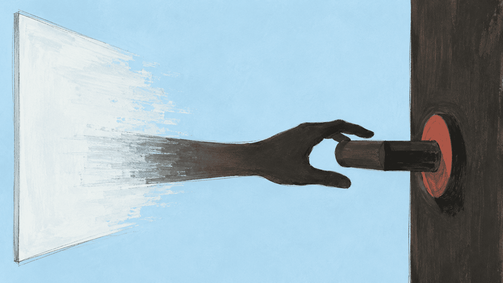 A hand reaches out of a glowing screen to grip a real door handle — once the digital interface layer is flattened, the interface between people and the physical world only matters more