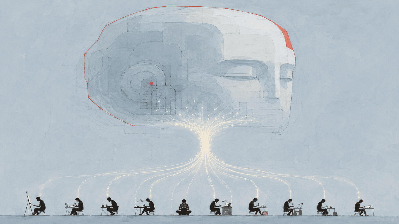 Countless people heads-down creating, the things they make flowing through pipes into a vast AI form as nutrient — like the anaerobic bacteria billions of years ago, exhaling the oxygen that paved the road for the next kind of life