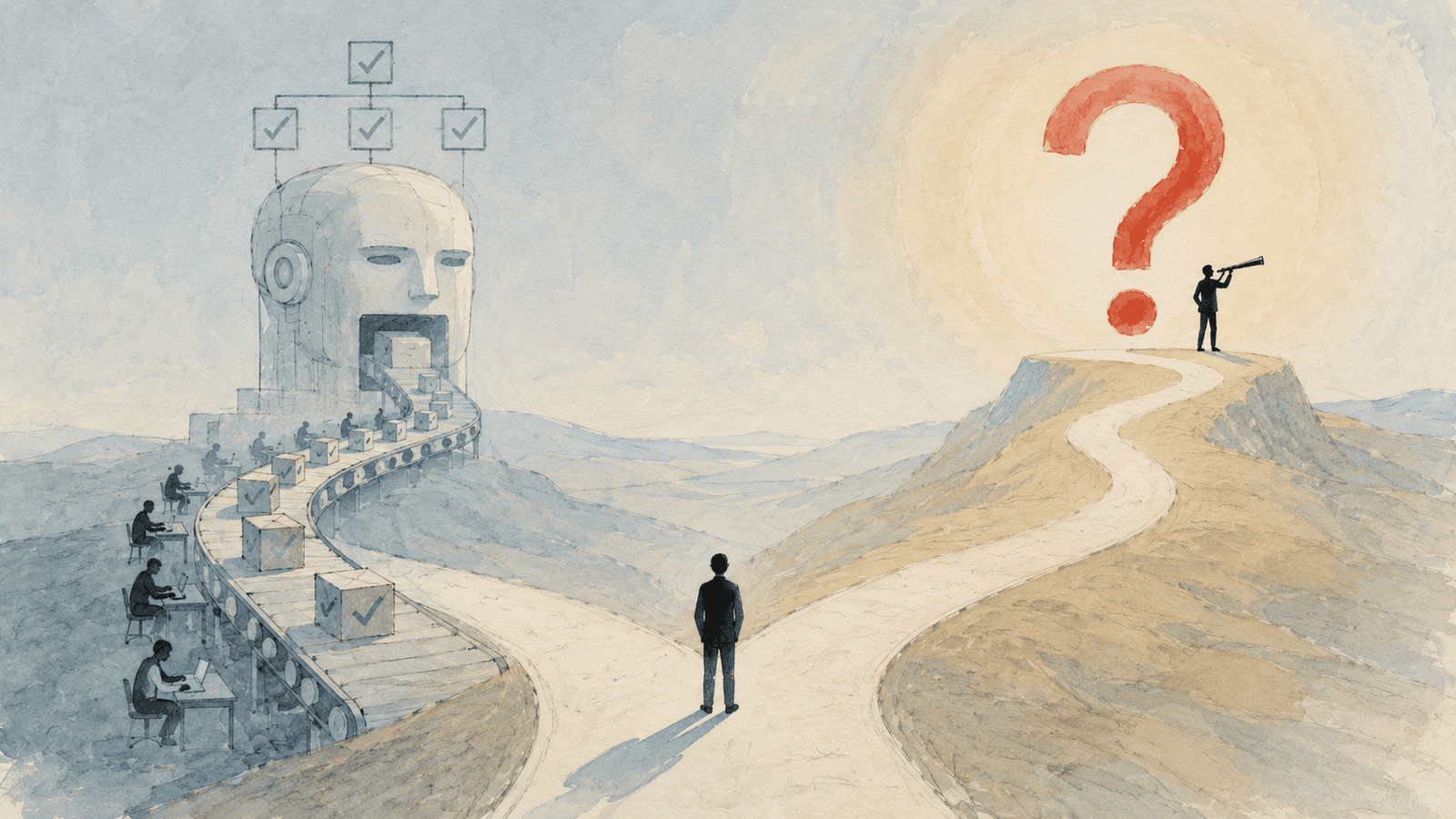 A person stands at a fork: one road leads to an answer factory grinding out solutions, the other climbs uphill to a giant question mark — answers are cheap, asking the right question is scarce