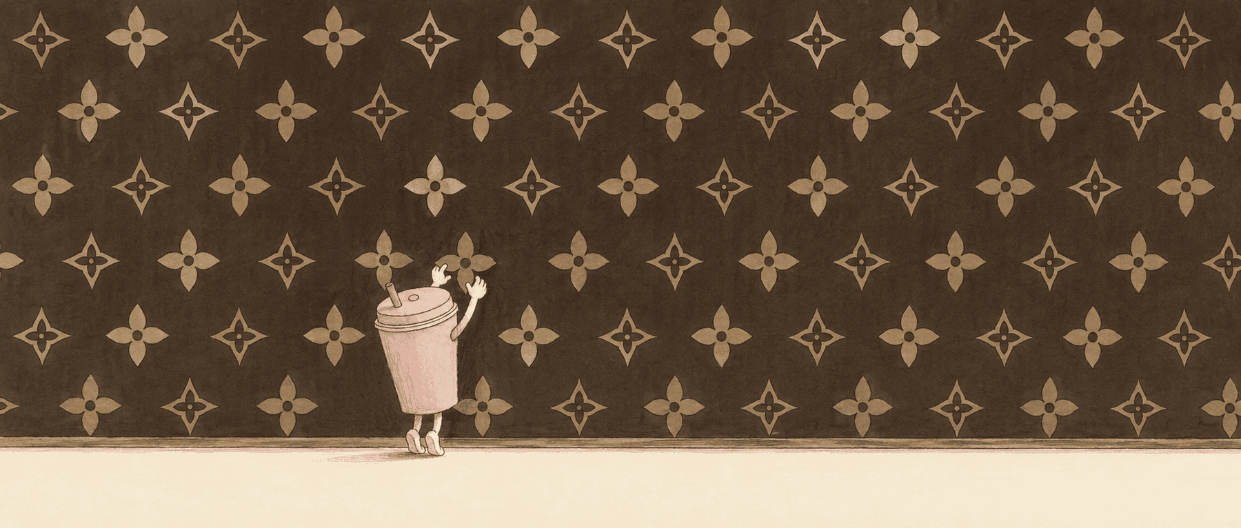 A tiny pink tea cup stretches up toward a giant wall of dark-brown LV Monogram, trying to peel one four-petal flower off the wall and onto itself