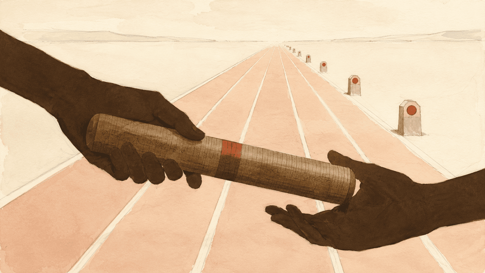 The instant the baton changes hands, what gets passed over is never just the rod — the notches ringing it are the full distance it has run