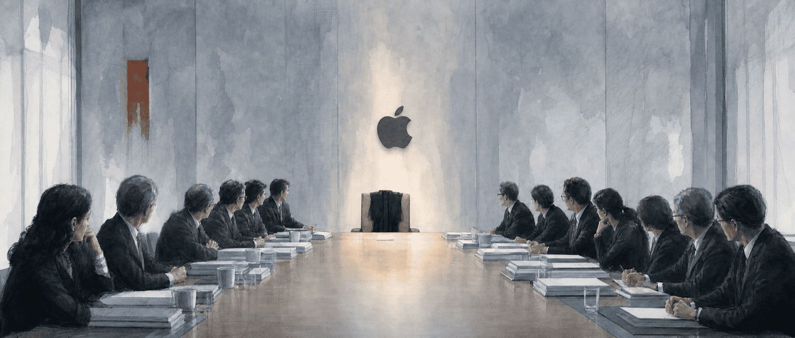 A boardroom full of managers and lawyers faces an empty chair beneath the Apple logo, with a black turtleneck draped over its back.