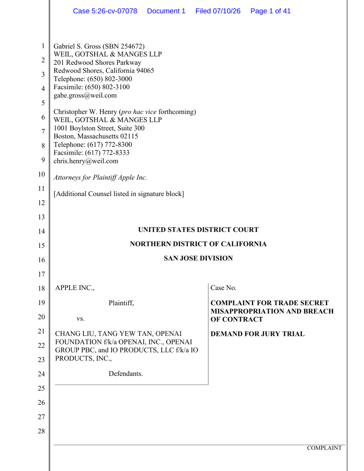 The first page of Apple's 41-page complaint against OpenAI and other defendants. The case has just been filed; the alleged misconduct remains Apple's claim.