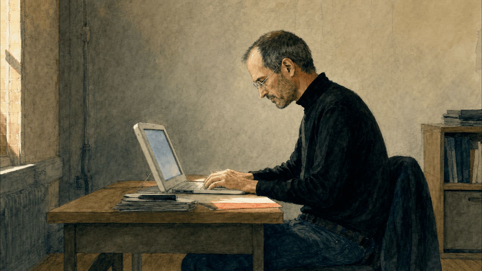 Steve Jobs at a desk in 2005, sending the email. Its force came from his willingness to stand behind the judgment, not from its brevity.