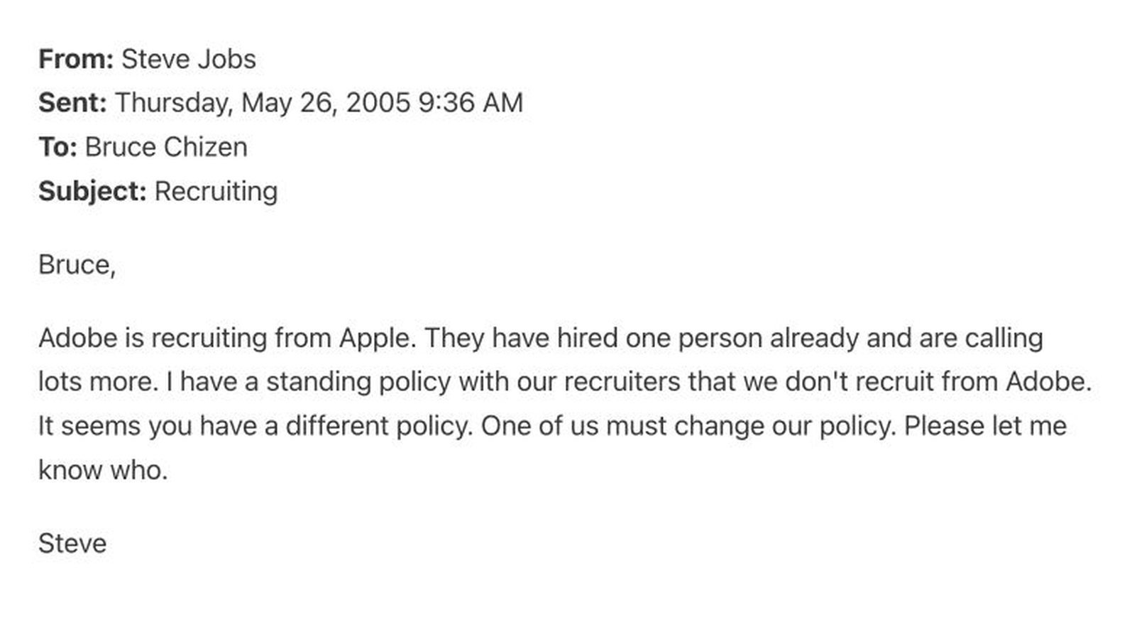 Steve Jobs's first email to Adobe CEO Bruce Chizen in 2005, reproduced from the public record.