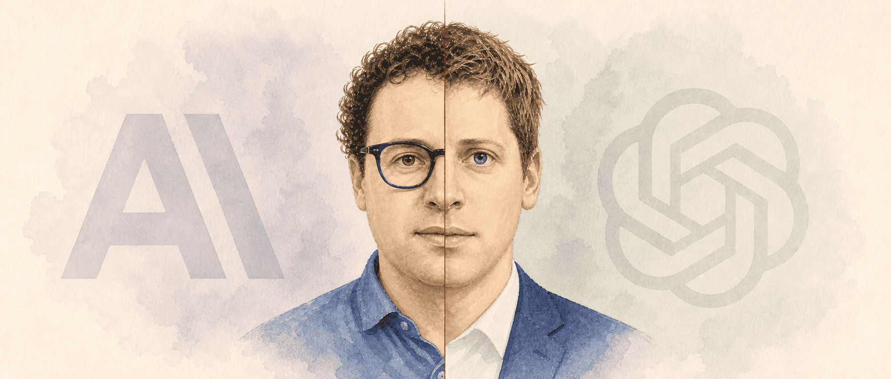 Half of Dario Amodei's face and half of Sam Altman's joined down the center line, each company's mark receding into a purple and a grey-green background