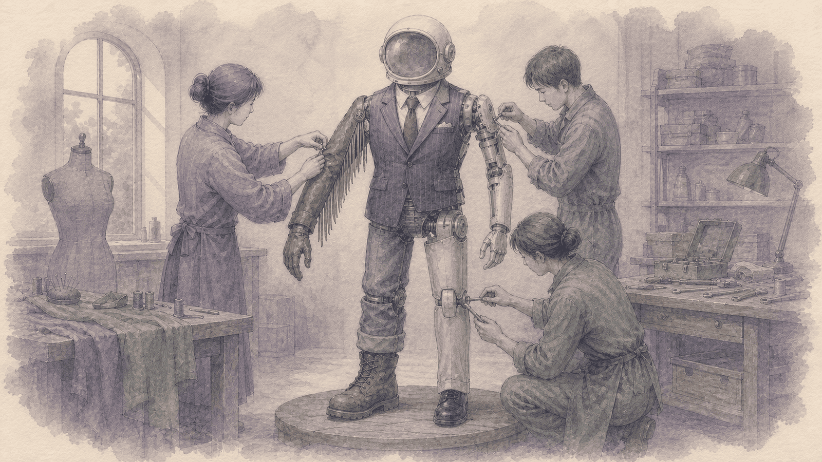 People fitting one robot with the character of an astronaut, a cowboy, a businessman and a laborer; an AI's values don't grow on their own