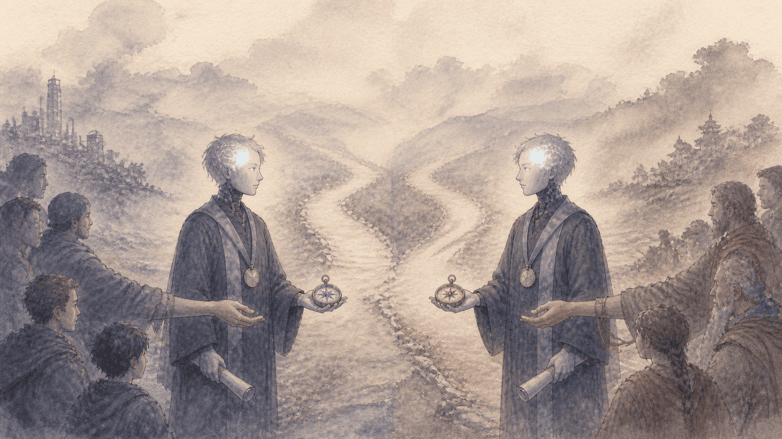 Two intelligences holding identical scores and certificates, while the compasses in their hands point in different directions