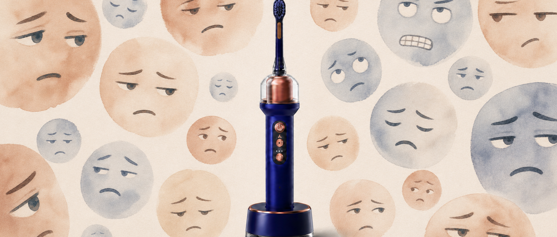 A CameraJet toothbrush against a field of doubtful faces