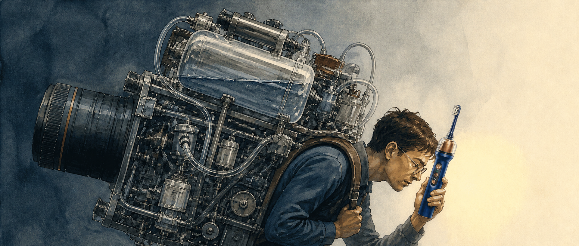 A person burdened by a huge system of camera, tank, hoses and pump, holding a CameraJet toothbrush