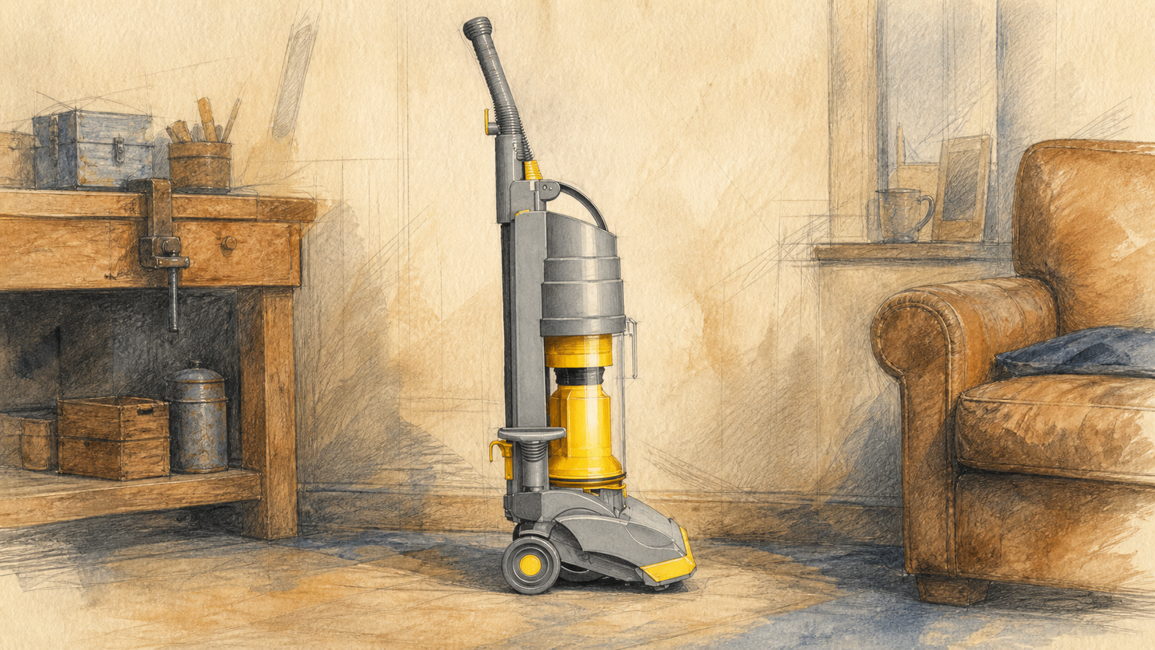 An illustrated 1993 DC01 with its grey-yellow body and transparent dust bin
