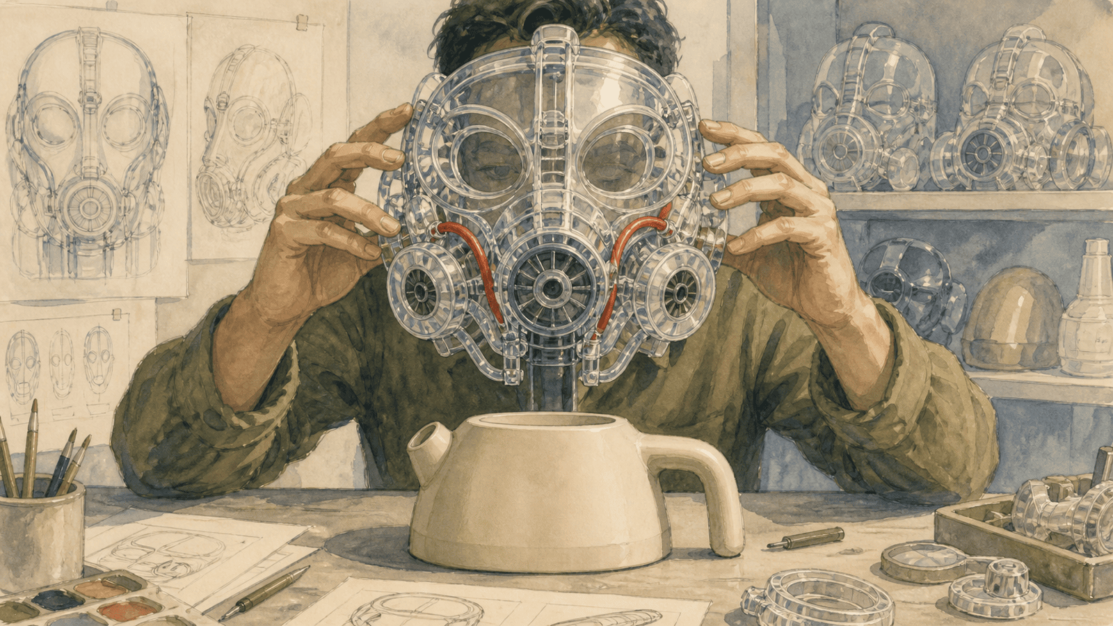 Transparent chambers, circular pipes and exposed turbines worn like an unavoidable mask