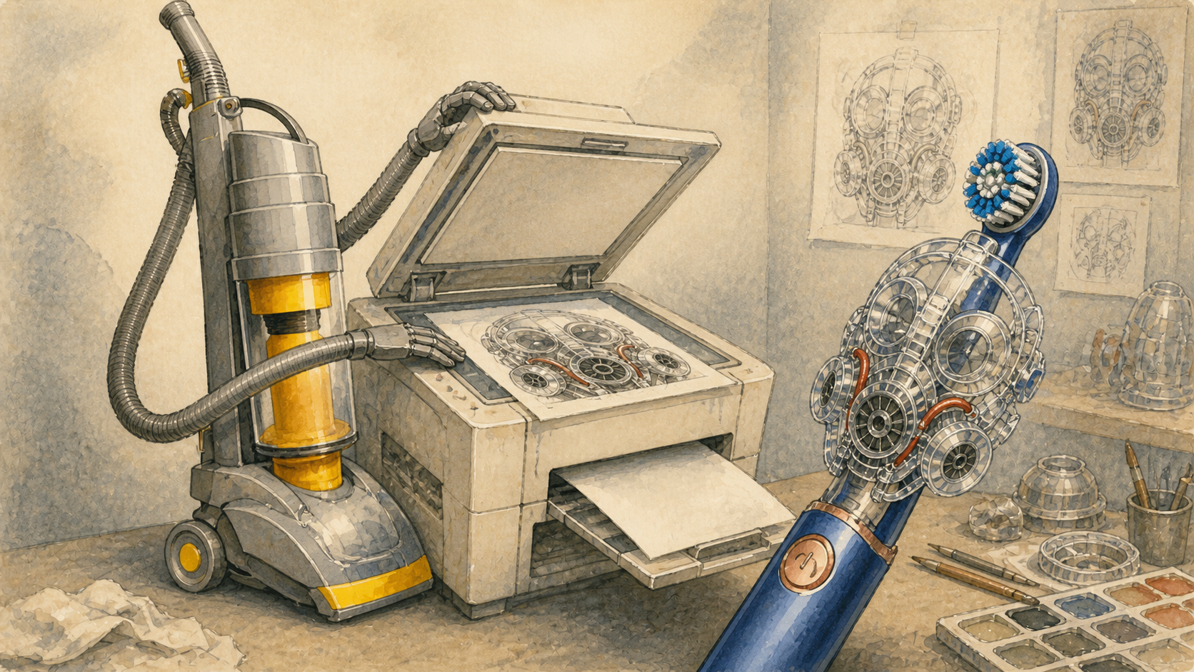A classic Dyson vacuum photocopies its engineering face onto a toothbrush