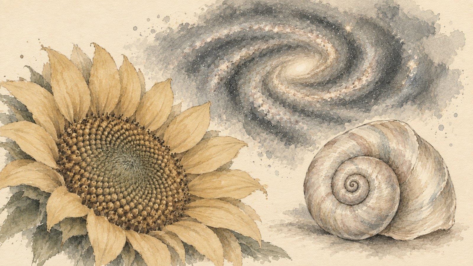 Natural spiral forms in a sunflower, seashell and galaxy