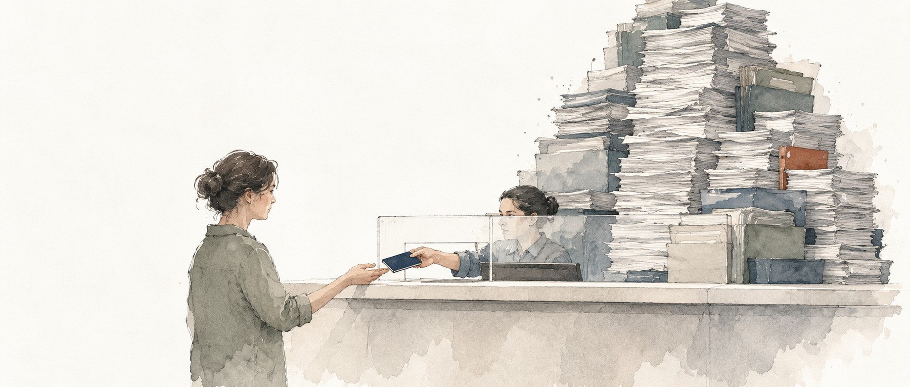 A watercolor illustration of a public servant handing a passport to an applicant, with stacks of paperwork behind the counter.