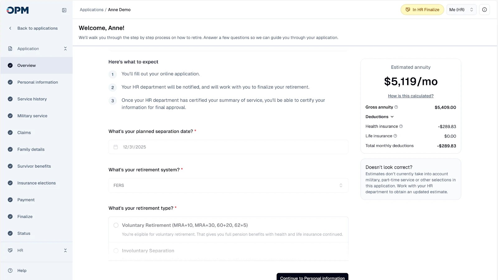 The retirement application interface. Source: National Design Studio.