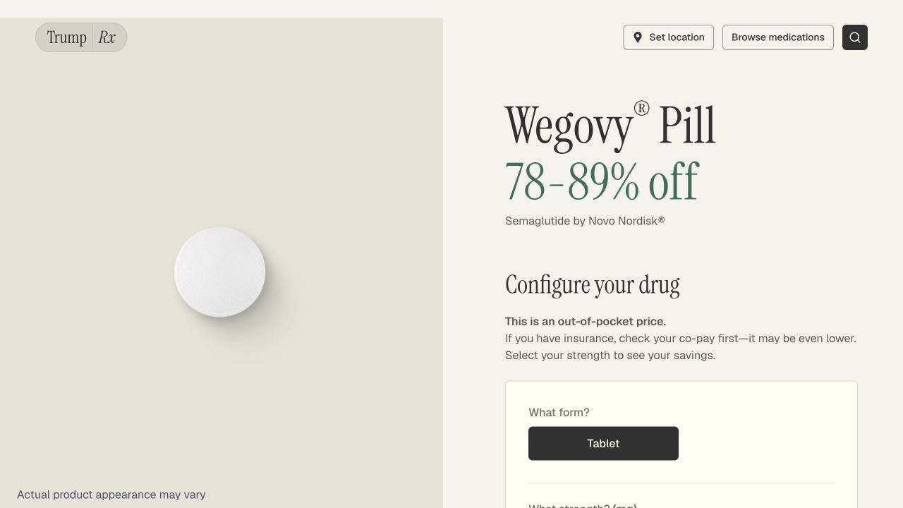 A medication detail page. Source: TrumpRx, captured September 30, 2026.