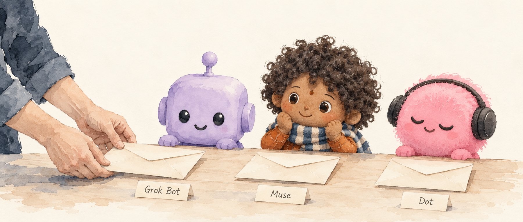 Watercolor portraits of three AI assistants with name cards reading Grok Bot, Muse and Dot. Concept illustration, not a product screenshot.