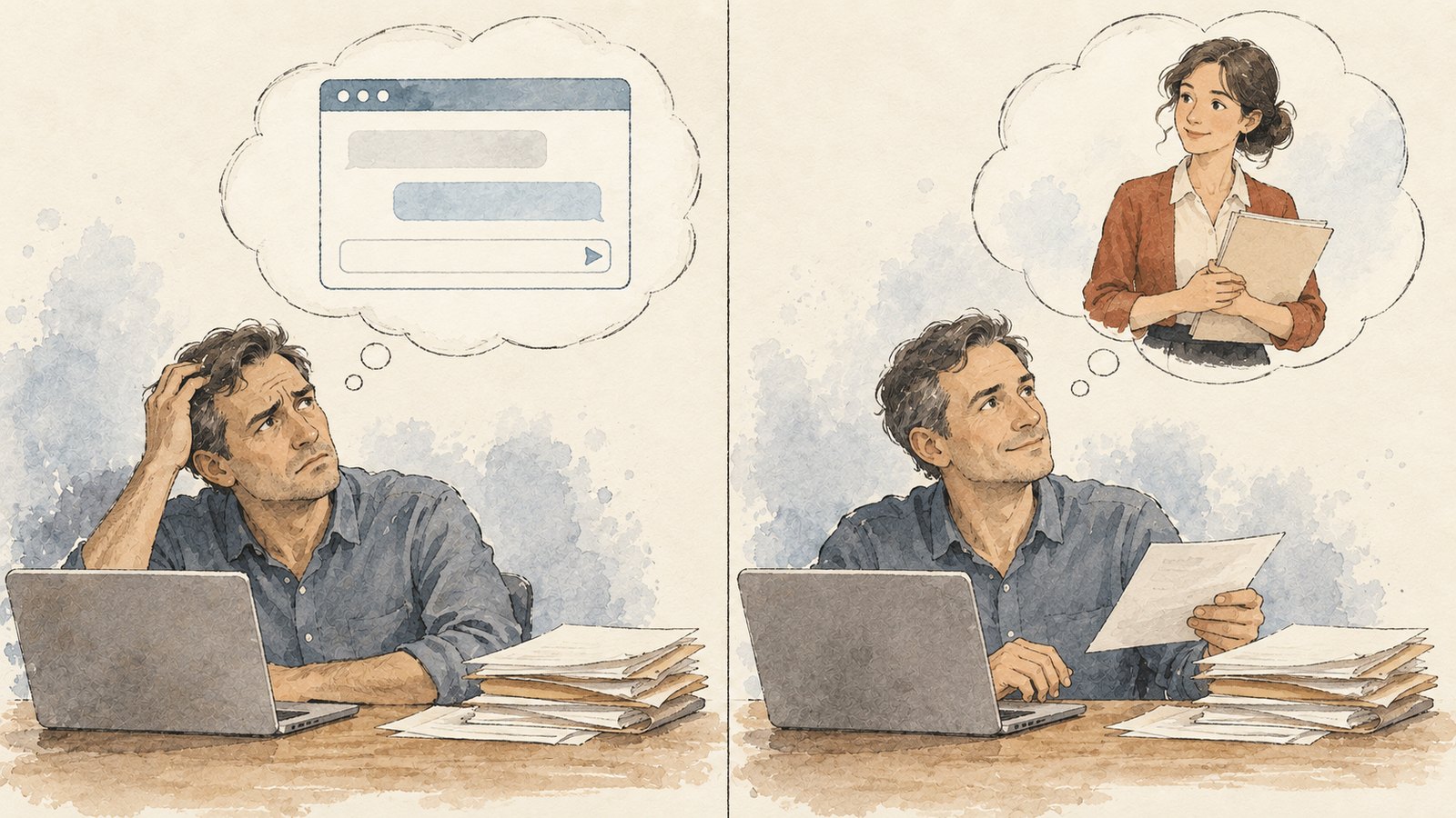 Stuck in front of an empty chat box; faced with a familiar secretary, it's obvious what to hand over. Concept illustration.