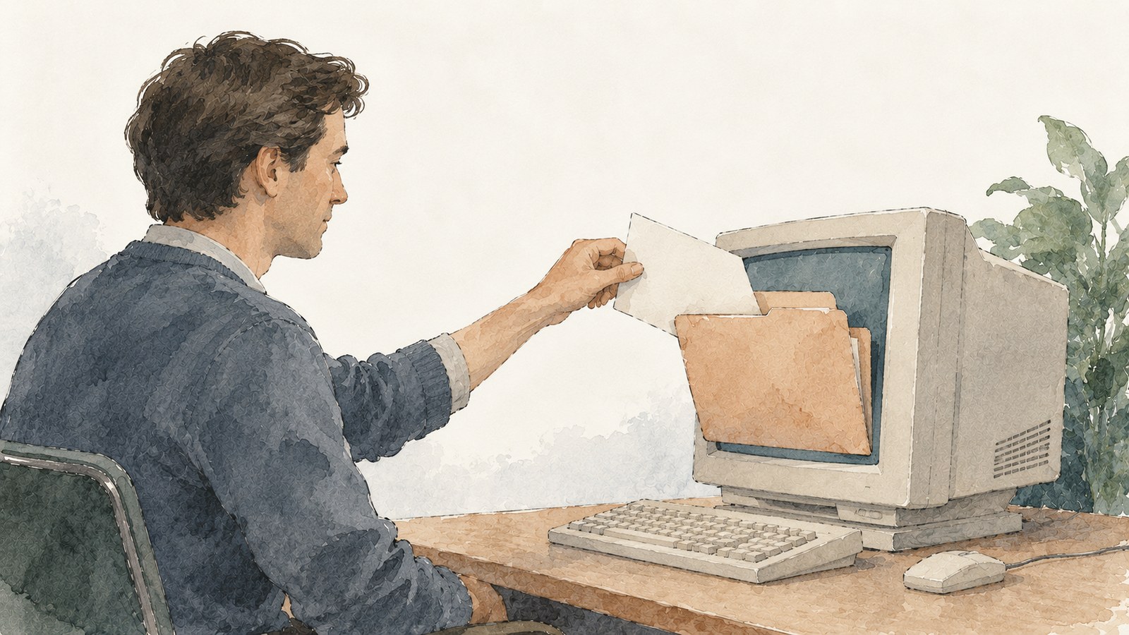 The folder hooked unfamiliar computer operations onto everyday experience. Concept illustration, not a historical interface screenshot.