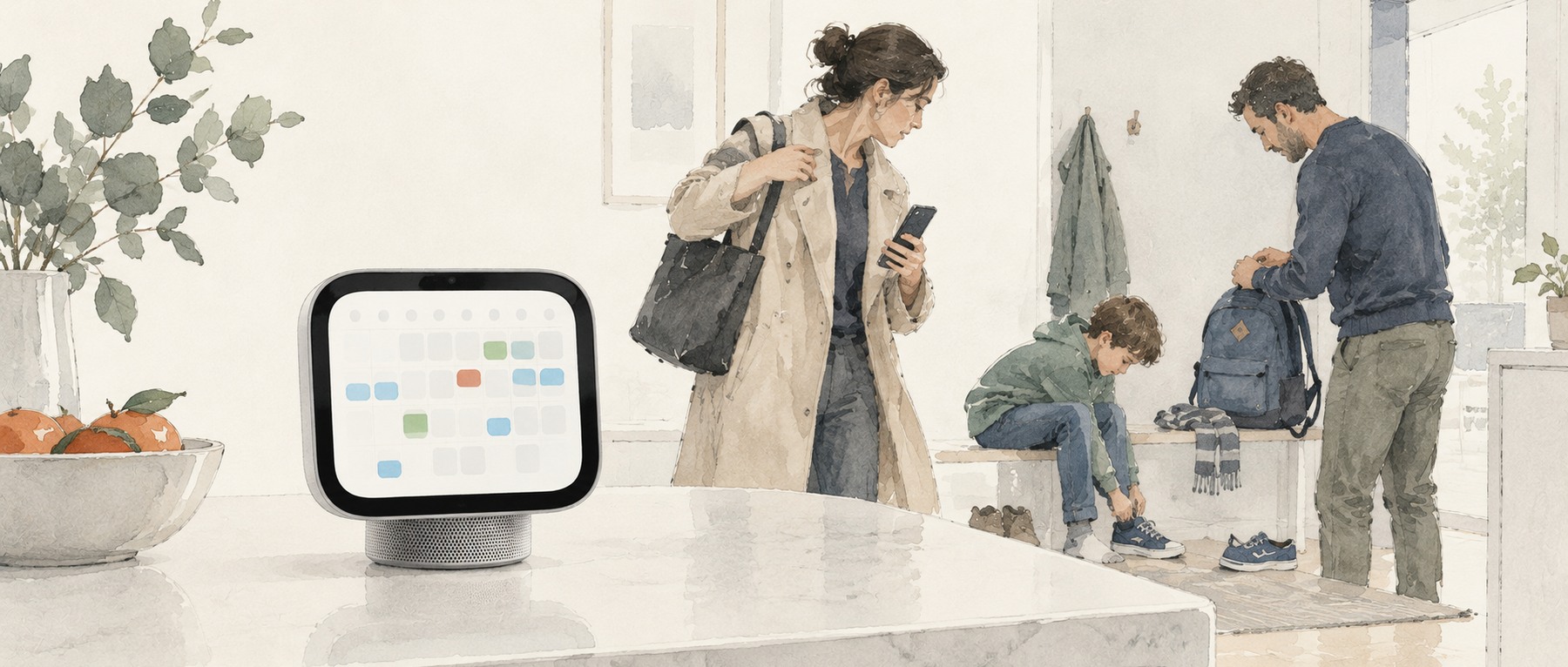 HomeView on a kitchen counter as a family gets ready to leave