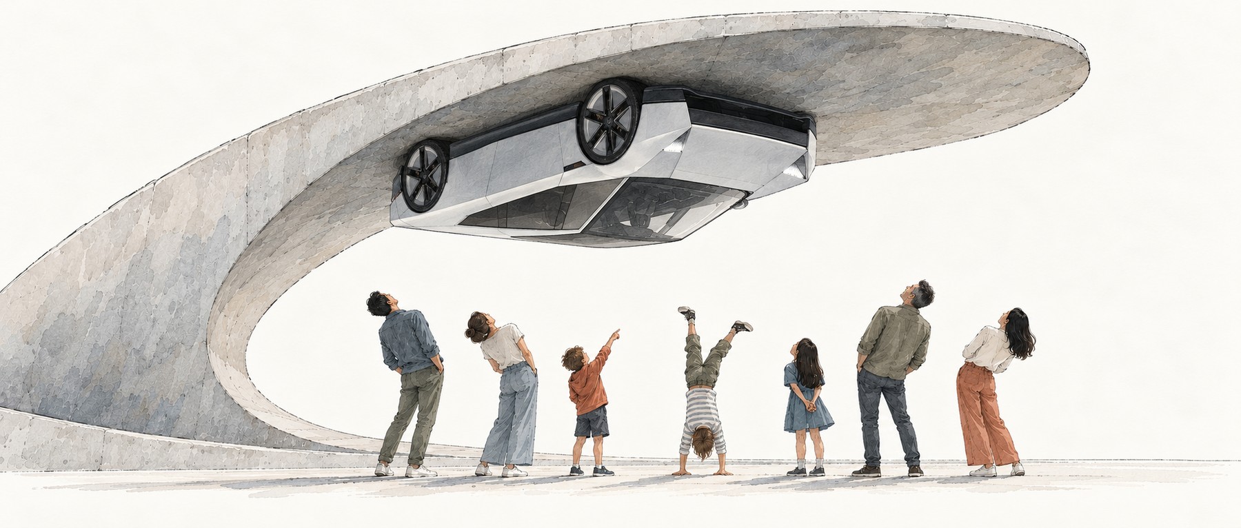 An upside-down Roadster above a crowd of onlookers