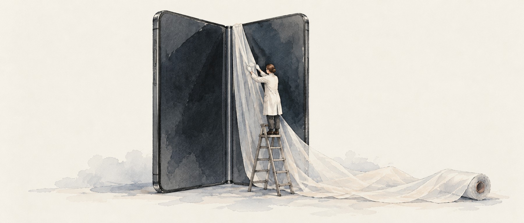 A technician covers the crease of a giant folding phone with a sheet of material
